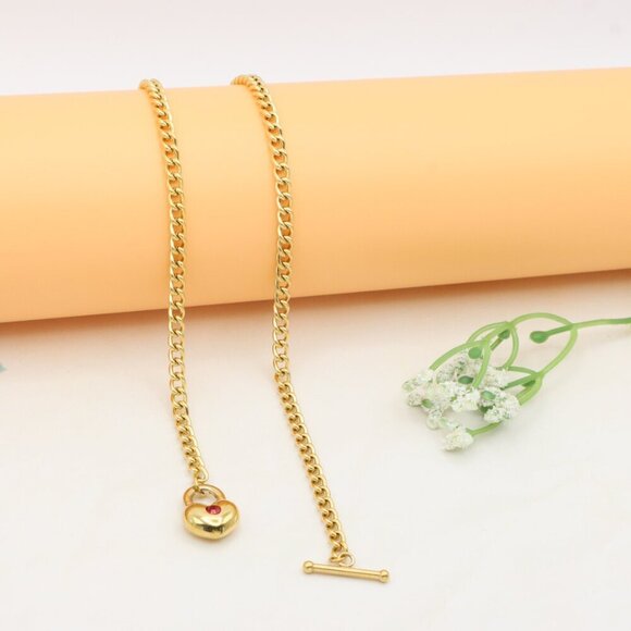 Gold Plated Heart Pendant Necklace With Red Stone Charm, XPNL0380 - Picture 12 of 12